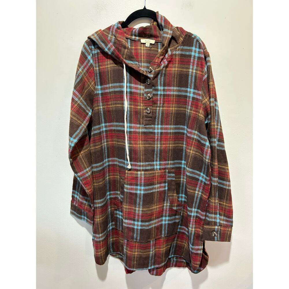 Kori America flannel hoodie womens L brown red blue tunic lightweight outdoors
